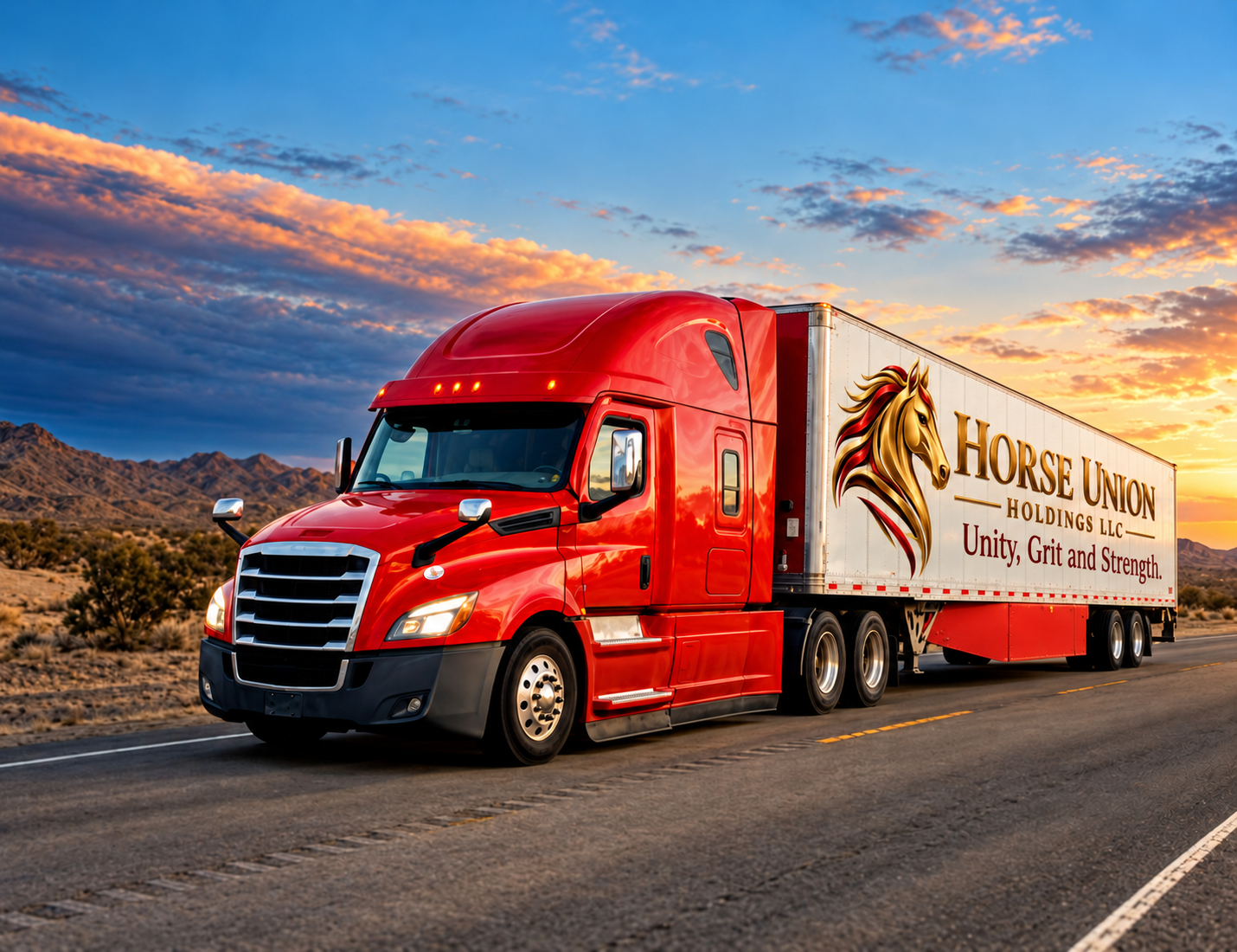 Red American truck with the Horse Union Holdings LLC horse and slogan on the trailer