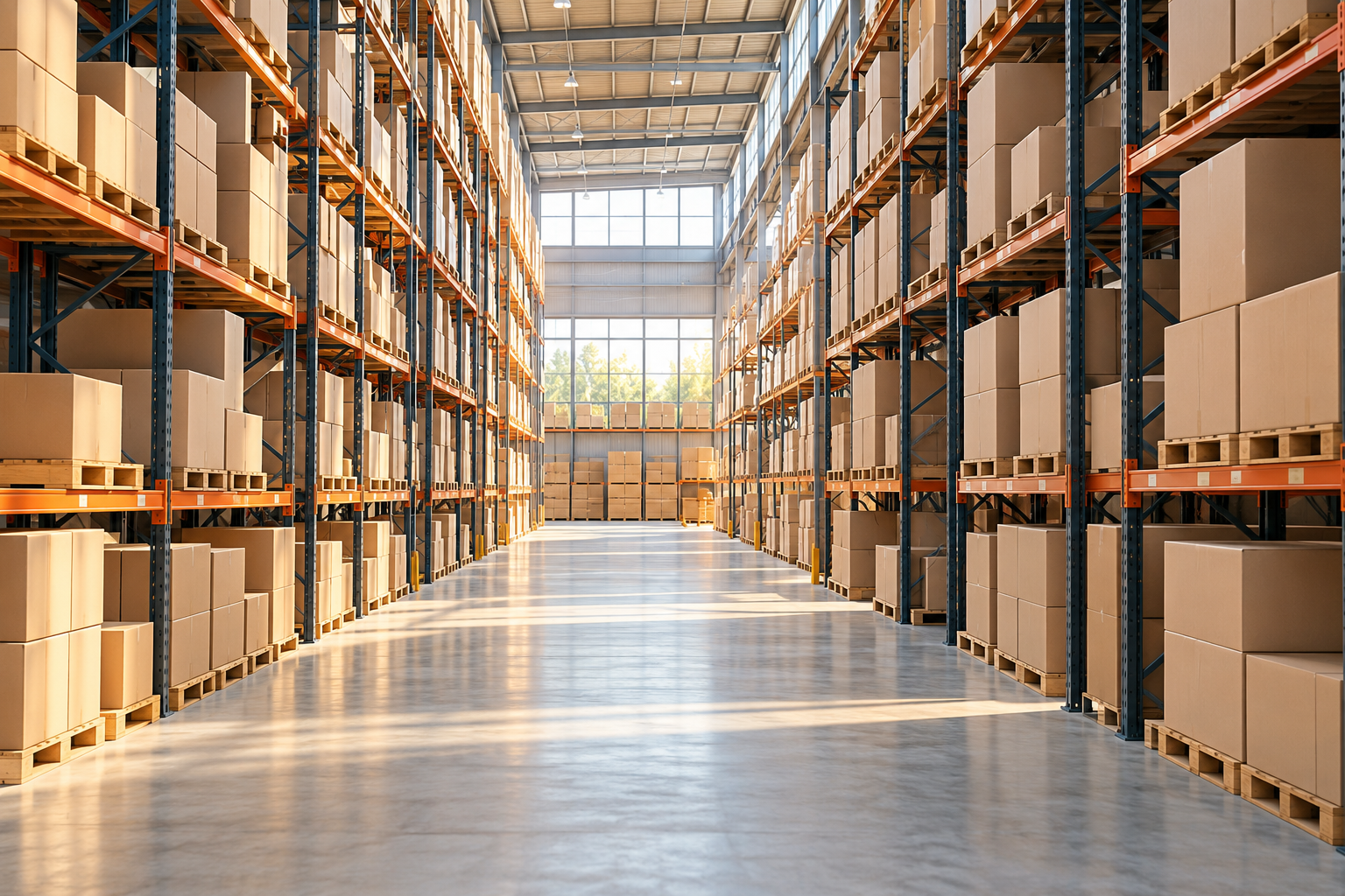 Illustrative image of a modern warehouse with shelving and unbranded boxes